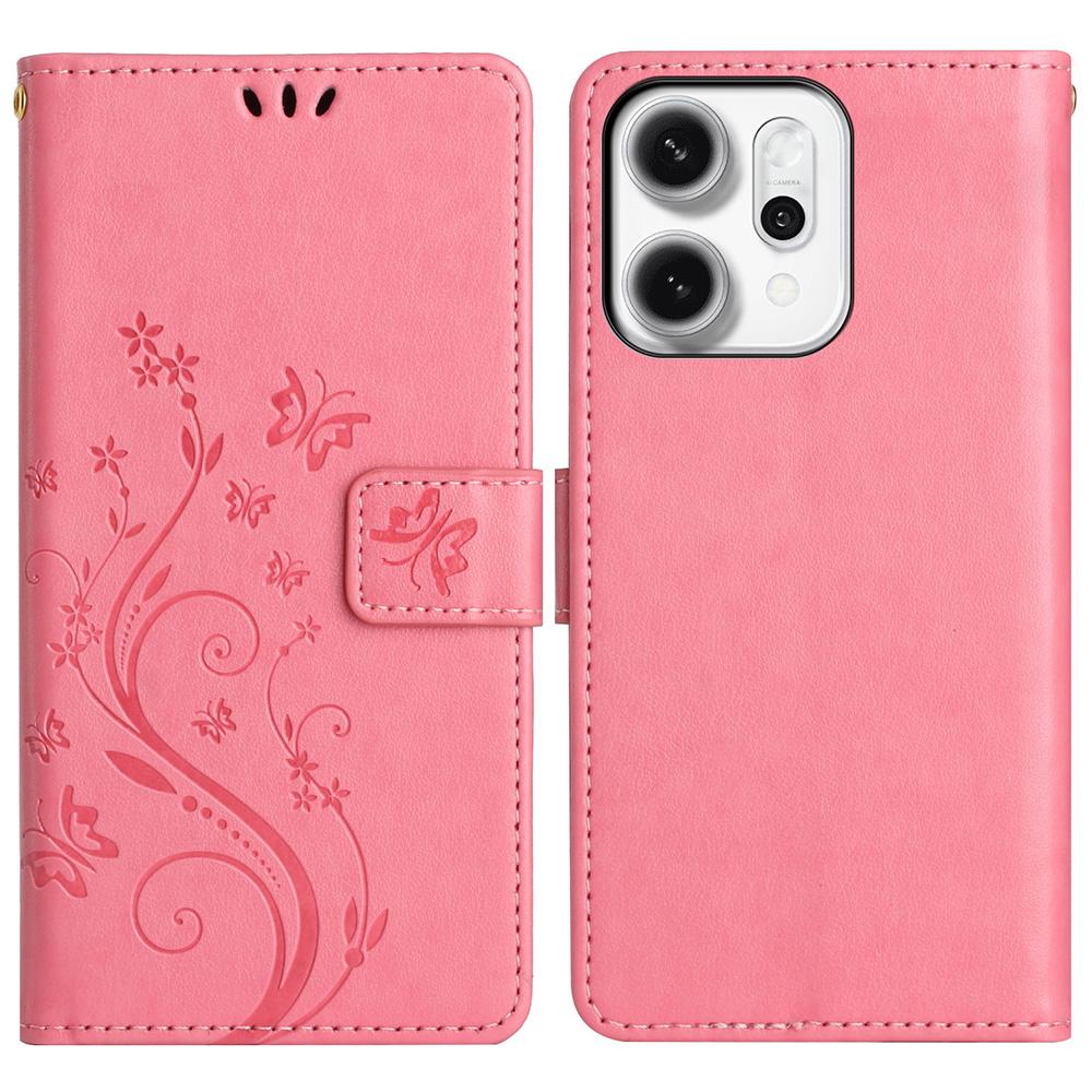 For Oppo Reno14 Pro 5G (Global)/Reno13 Pro 5G Leather Wallet Case Butterfly Flower Imprint Phone Cover with Strap