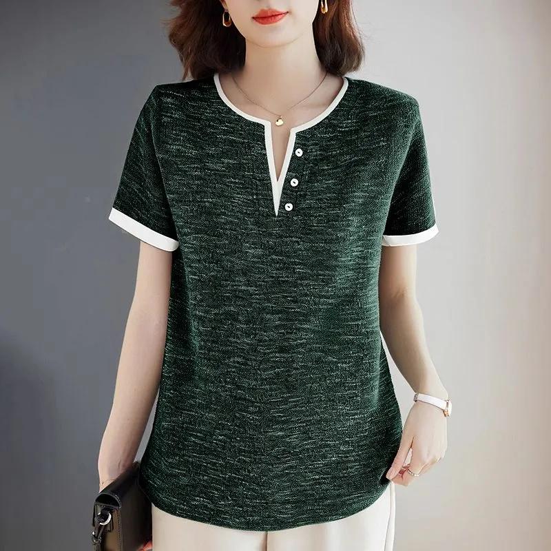 Contrast Color Casual Short-sleeved T-shirt for Women Summer New Style Western Style Shirt Large Size Loose Top