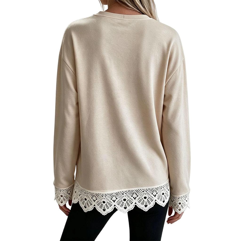 Damen Freizeit-Sweatshirt mit muschelförmigem Wellensaum und Spitzenkragen