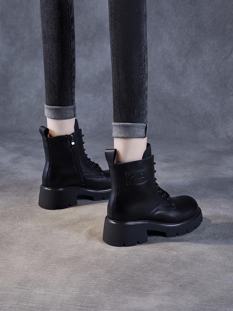 Johnature Genuine Leather Wool Short Boots Warm Snow Boots Thick Heel Thick Soled Women's Boots