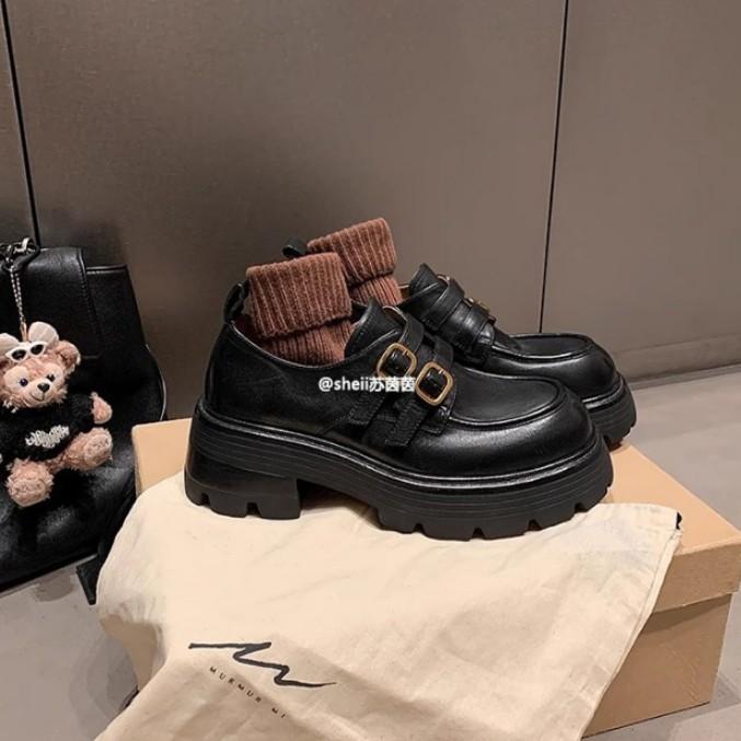 The Same Style, with a Height Increase of 6cm, Washed Horse Skin, Small Gold Buckle, Thick Heel, Thick Sole, Loafer Single Shoes, Small Leather Sho
