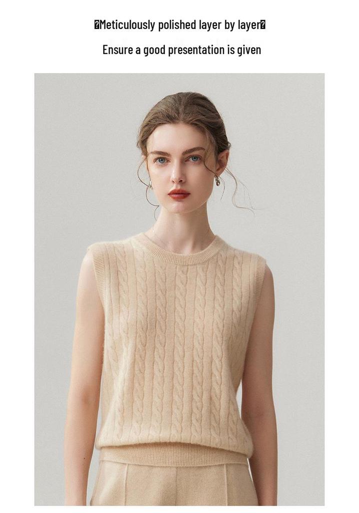 Lekasha Women's 100% Pure Cashmere Sleeveless Cable Knit Sweater for Autumn & Winter