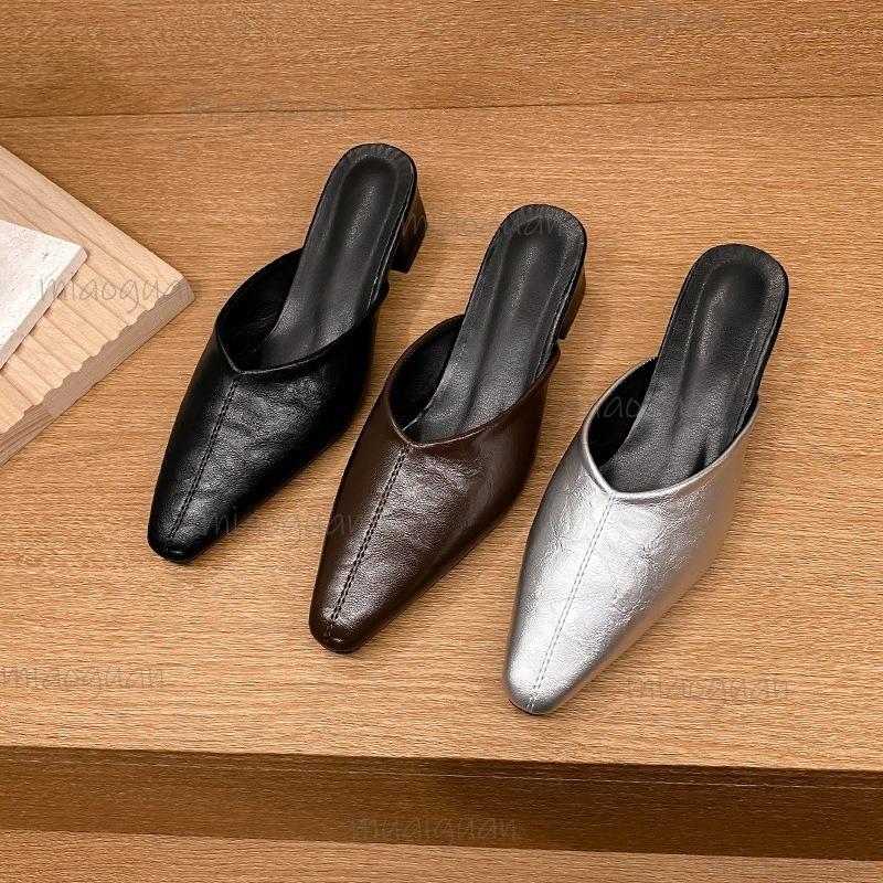 Comfortable Chunky Heel Slip-On Shoes Women's Spring Autumn New Pointed Toe Mules Outdoor Wear Slides Sandals Size35-42