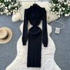 Autumn Spring Women Casual Stand Collar Full Sleeve Long Midi Knitted Sweater Pullover Dresses
