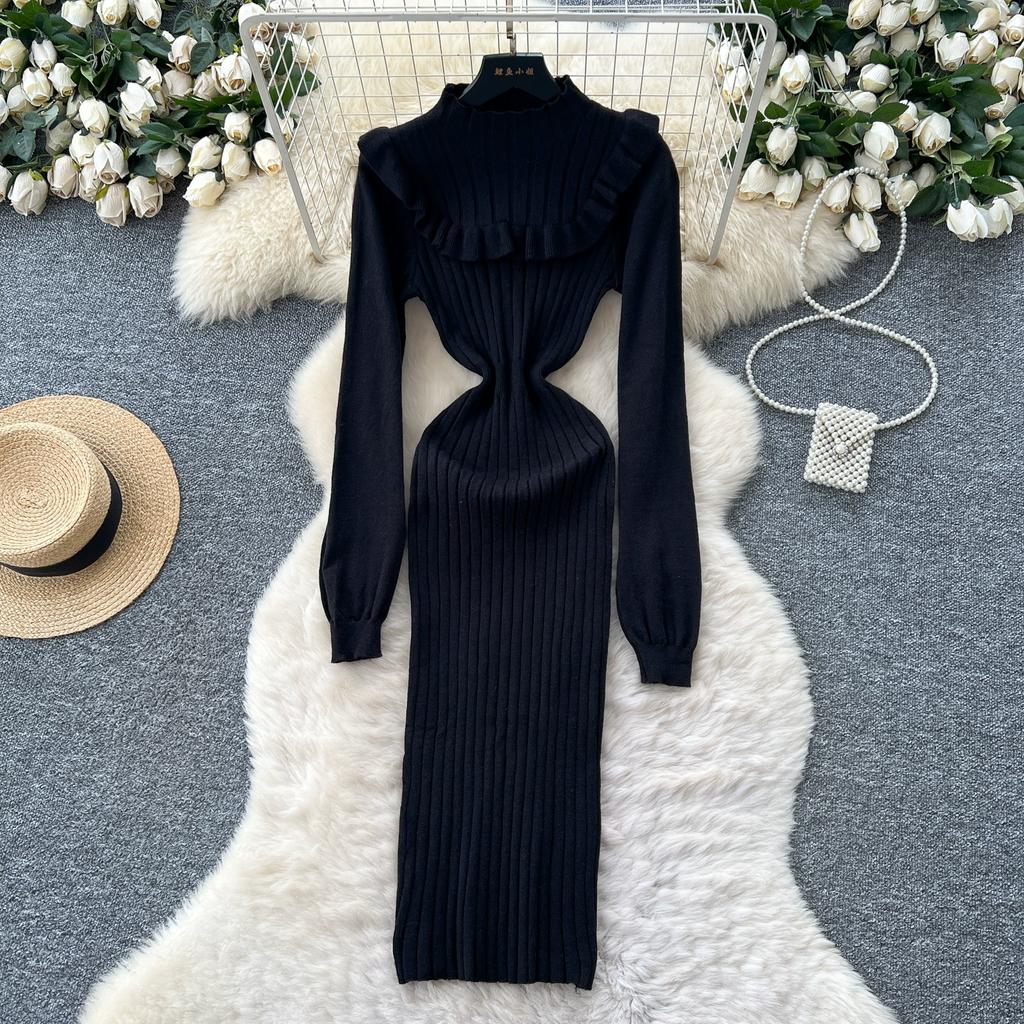 Autumn Spring Women Casual Stand Collar Full Sleeve Long Midi Knitted Sweater Pullover Dresses