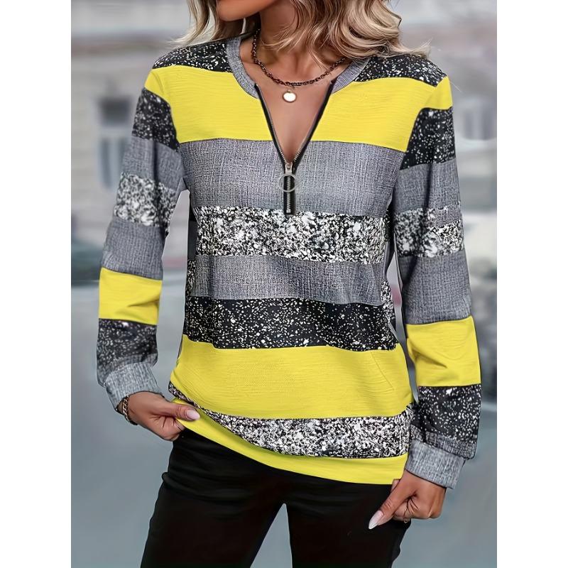 Women's casual striped zipper detail pullover, perfect for spring, summer and autumn