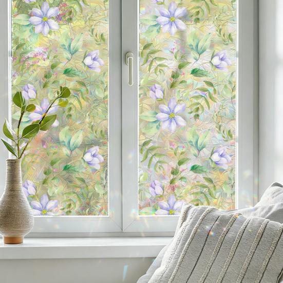 4 Sheets Rainbow Floral Window Privacy Film Stained Glass Decorative Decals Sun Blocking Heat Control Static Glass Clings for Bedroom Living Room