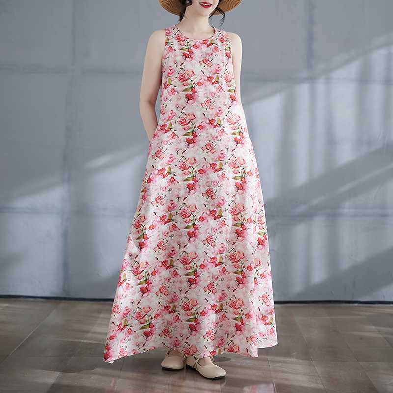 New Long Skirt Summer Sleeveless Round Neck Printed Dress