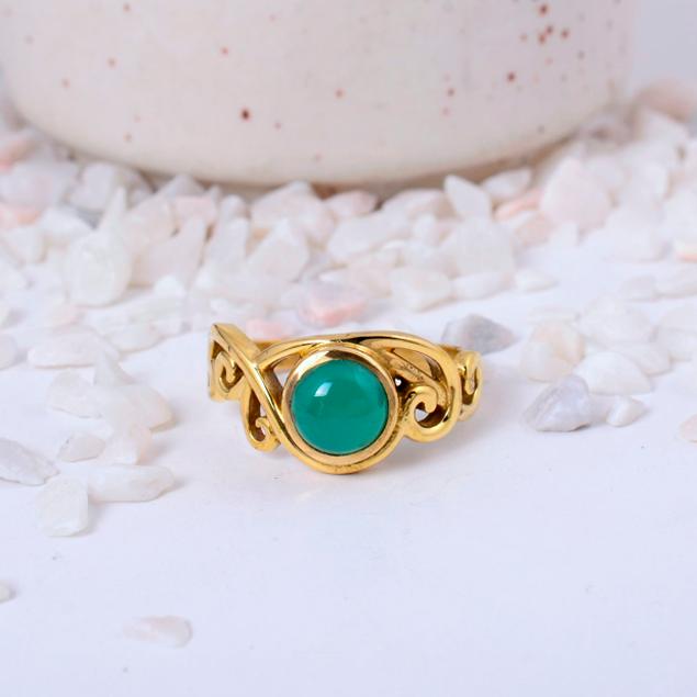 Green Onyx Gold Plated Ring | Filigree Brass Statement Ring for Women | Healing Crystal Jewelry | Gift for Her