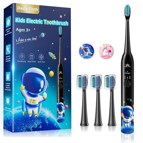 Rechargeable Electric Toothbrush for Kids, Sonic & Soft Brush, 3 Modes, IPX7 Waterproof, Suitable for Bathtime, For Ages 3+ (Astronaut, Black)
