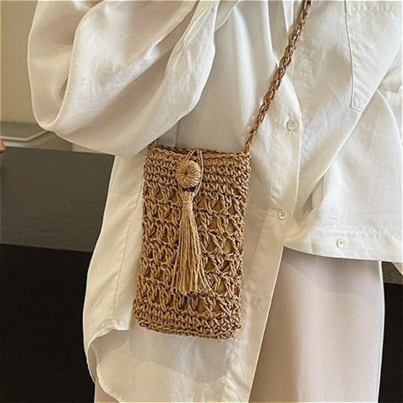 Female Vintage Crossbody Phone Bag Straw Rope Hand-woven Vacation Mini Purse Women Casual Mobile Phone Pouch Streetwear