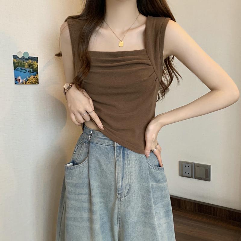 

Модальный пикантный топ-майка с квадратным вырезом и сборками - Женский летний облегающий жилет Large