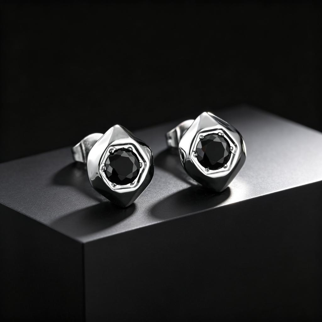 Fashion Black Zircon Geometric Stud Earrings for Men, Waterproof Hypoallergenic Stainless Steel Small Earrings, Hip Hop Jewelry
