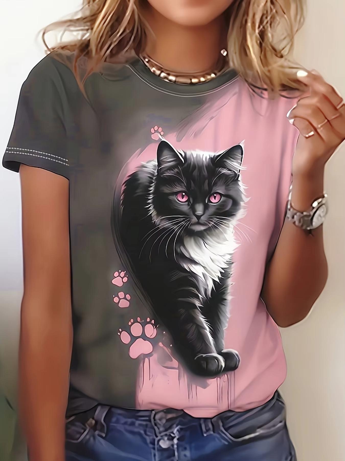 

Plus Size Black & White Cat with Pink Eyes Printed T-shirt Summer Fashion High Quality Short Sleeved Casual Sports Pullover Top XL