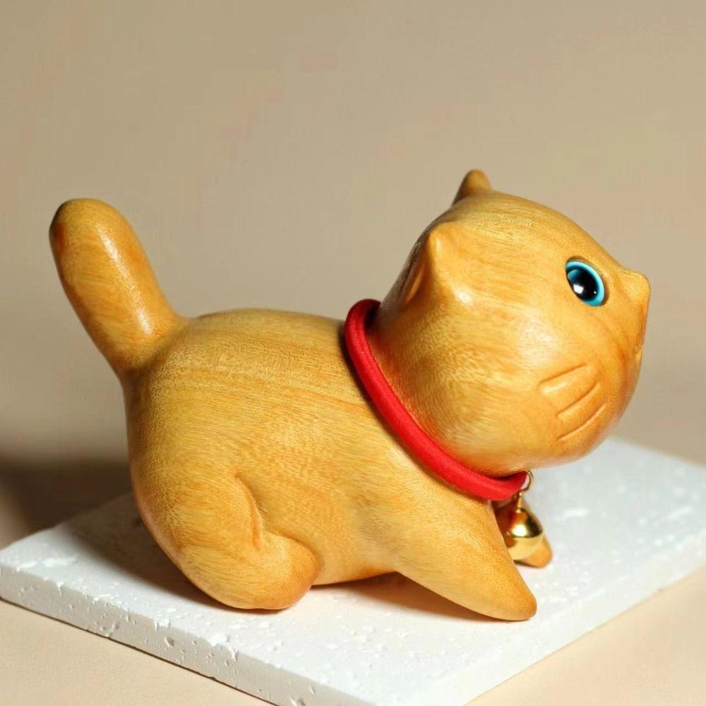Handmade Carving Wood Cat Statue Miniature Animal Statue Creative Lucky Cat Ornaments  Office