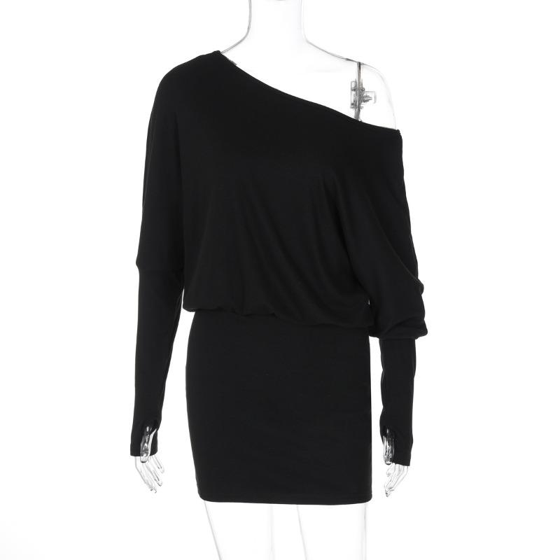 

Женские осенние персонализированные скошенные воротники с открытыми плечами с длинными рукавами, имитация двух частей, утягивающие талию, утягивающие, повседневные платья с сумкой L чёрный