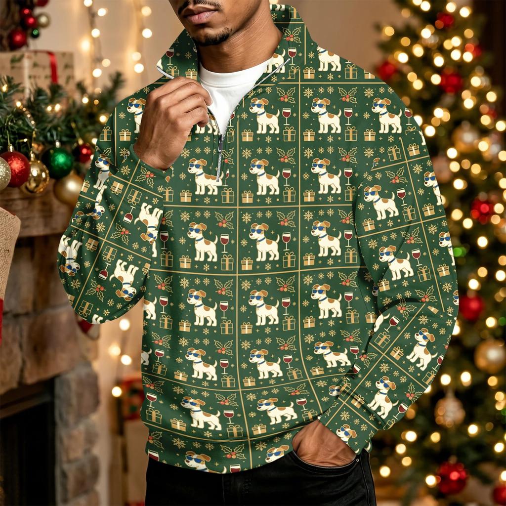 Men's Casual Quarter-Zip Stand Collar Sweatshirt with Christmas Print, Holiday Pullover
