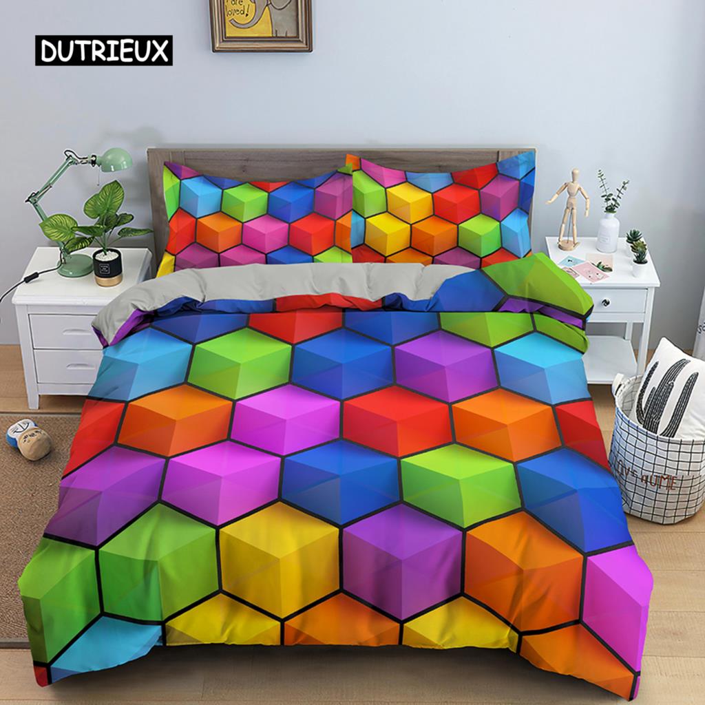 Geometrisch bedrucktes Bettwäscheset Bunter Streifen-Bettbezug für Kinder Kinder Steppdeckenbezug 2/3-teilig Mikrofaserstoff Heimtextil