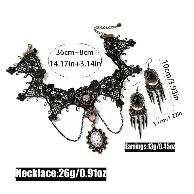 Vintage Lace Gothic Necklace Earring Set Women - Handmade Retro Floral Geometric Pendant Jewelry Accessories