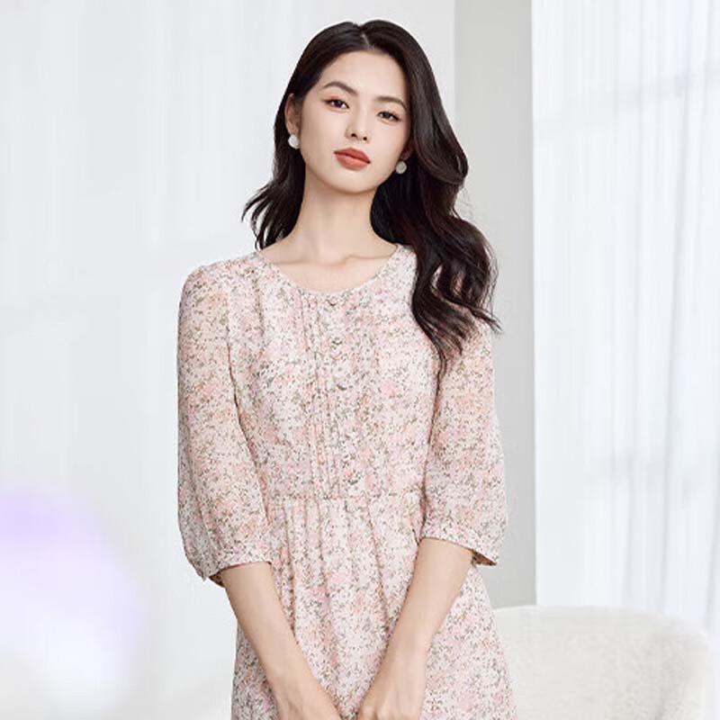 

JESSIE Elegant Floral Print Seven-Sleeve A-line Dress L