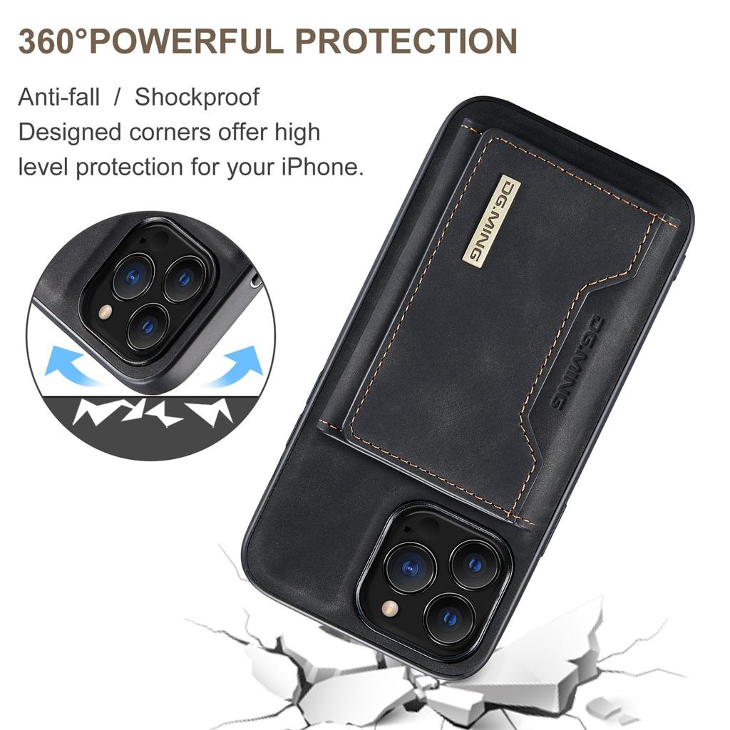 DG.MING M2 Series for iPhone 15 Pro Anti-Drop Kickstand Case PU+PC+TPU Magnetic Wallet Phone Cover