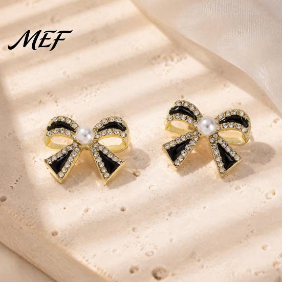 Lightweight Daily Wear Earrings 1 Pair Sparkly Rhinestone Bow Knot Stud for Women, Faux Pearl Delicate Decorative Ribbon Earrings, Statement