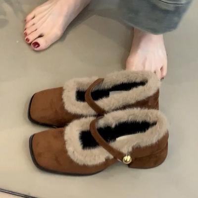 Sapatos Mary Janes Peludos Femininos de Qualidade Salto Alto Bico Quadrado Botas de Neve Peludas Sapatos de Algodão Quentes de Inverno Bombas Elegantes Mujer Zapatos