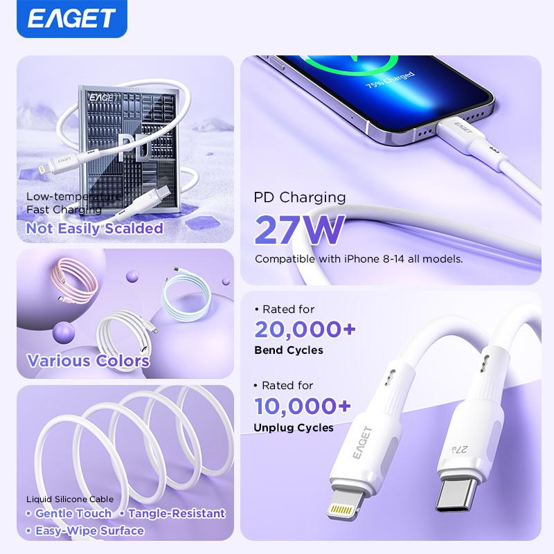 EAGET 27W PD Fast Charging Cable for iPhone 8-14 Series, 20,000+ Bend Durable with Liquid Silicone Design
