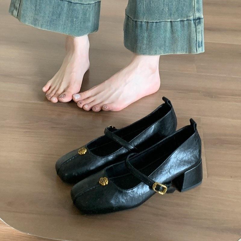 

Blue cabinet version! 4cm thick heel square head Mary Jane shoes spring 2025 new shallow mouth word with red shoes 35 чёрный