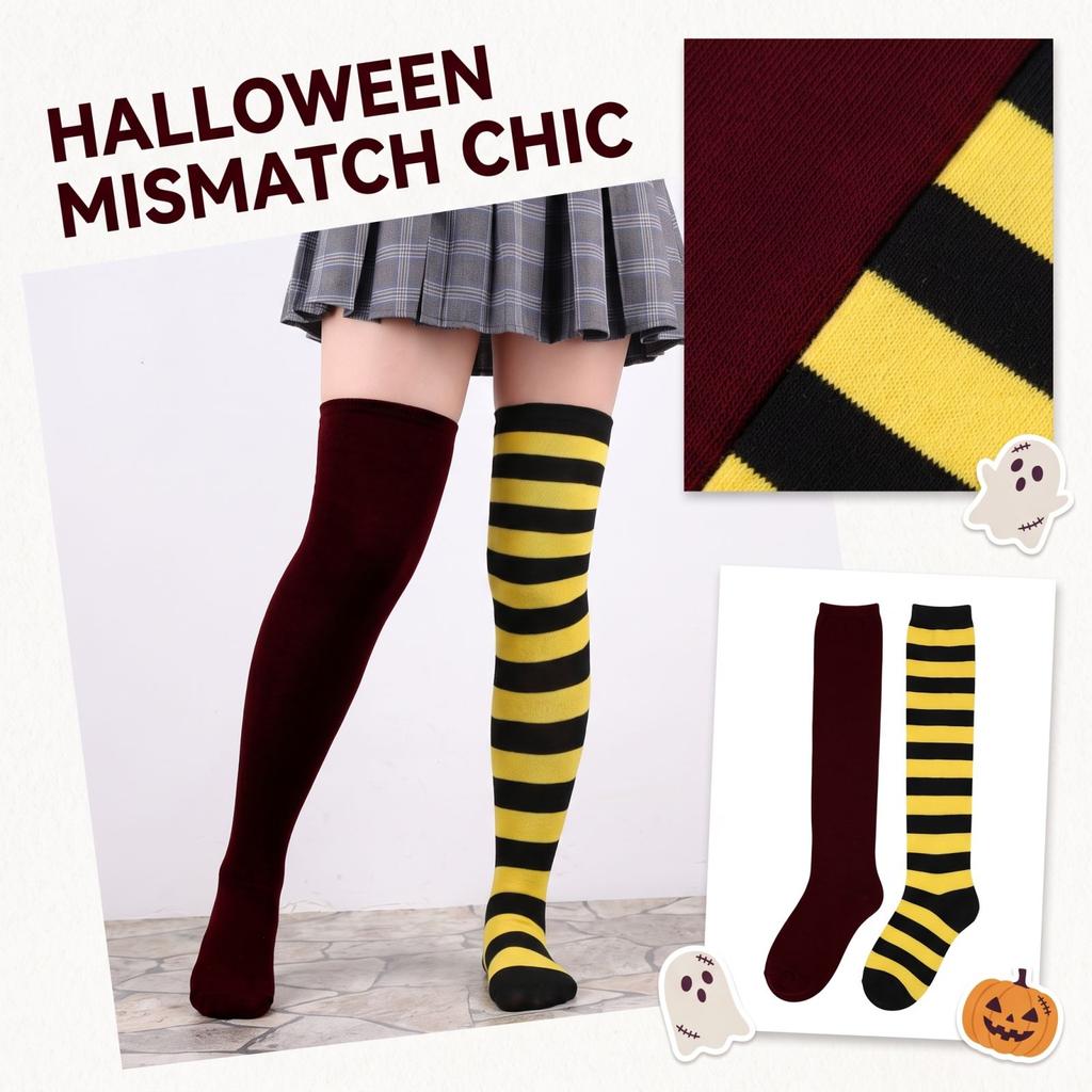 Damen Halloween Kniestrümpfe mit breiten Streifen, Colorblock-Muster für Kostümparty