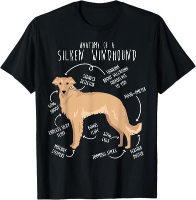 Silken Windhound Anatomy Funny Dog Breed Graphic Tee Breathable Cotton Casual T-Shirt for Pet Lovers