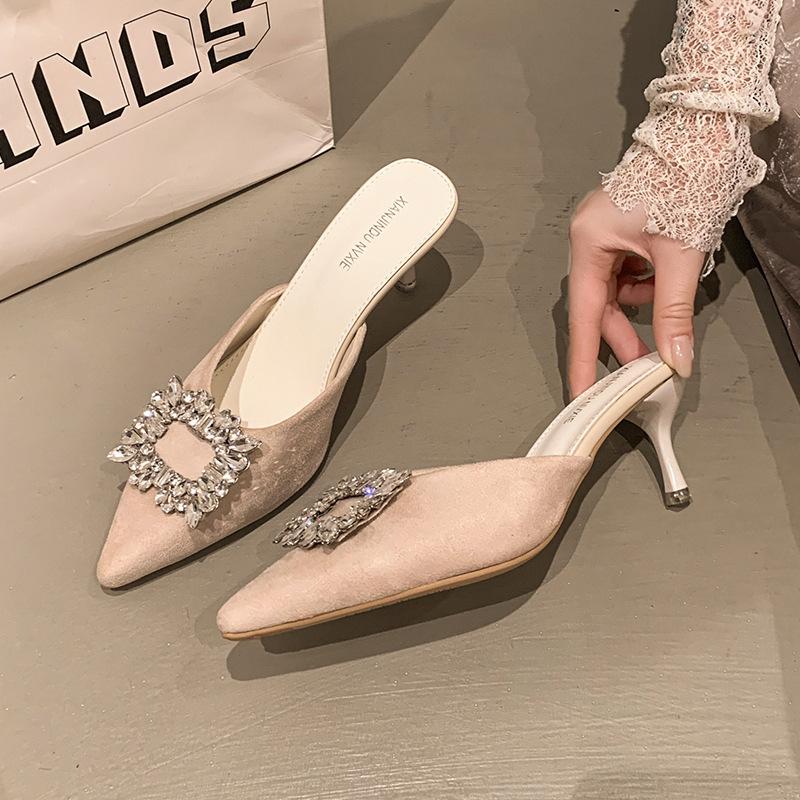 Square Buckle Rhinestone Bag Head Half Slippers Women's Outer Wear Summer 2025 New Thin Heel Short Heel Lazy Sandals Muller Shoes Women