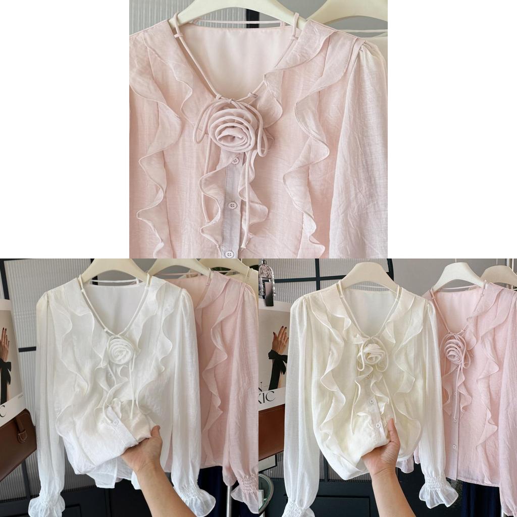 Romantic Korean Style V Neck Long Sleeve Shirt With Ruffle Tie Detail For Casual Wear