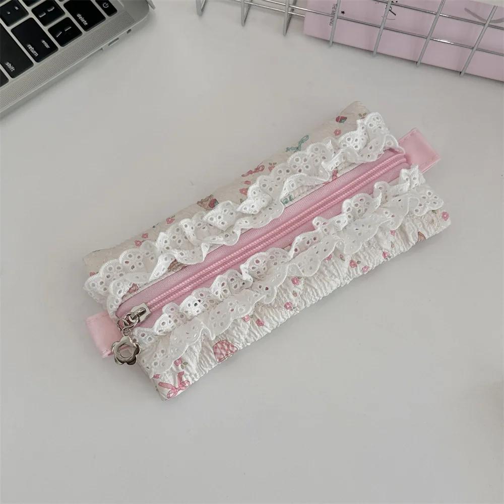 Cute Lace Ruffle Pencil Case for Kids Girl Sweet Cartoon Makeup Brush Organizer Large Capacity Soft Fabric Stationery Storage