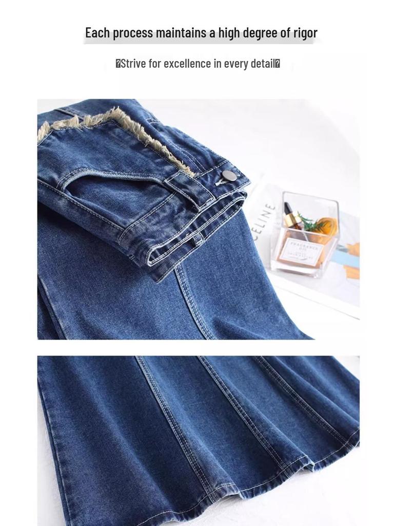 High Waist Tassel Raw Edge Denim A-Line Midi Skirt - Spring 2025 Collection