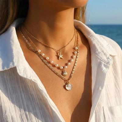 Trendy Multilayer Shell Starfish Pendant Necklace for Women Elegant Imitation Pearl Chain Choker Boho Beach Party Jewelry Gift