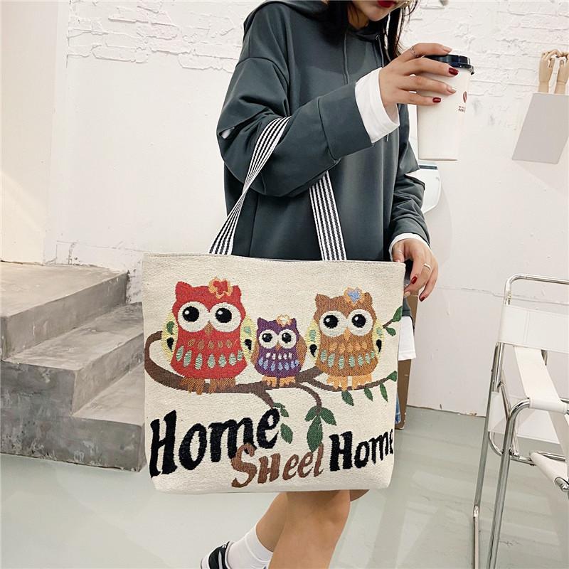 Embroidered Owl Bag With Canvas Material For Casual Daily Use