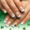 Chinese Style Four-Leaf Clover Gold Foil French Tip Nails - St. Patrick's Day Set of 24 Detachable False Nails