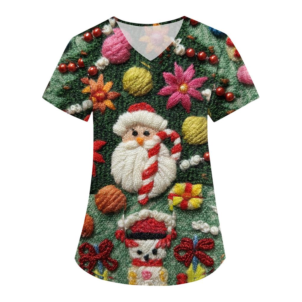 Women's Fashion V-Neck Short Sleeve Overalls With Pockets Christmas Printed Tops  Clothes