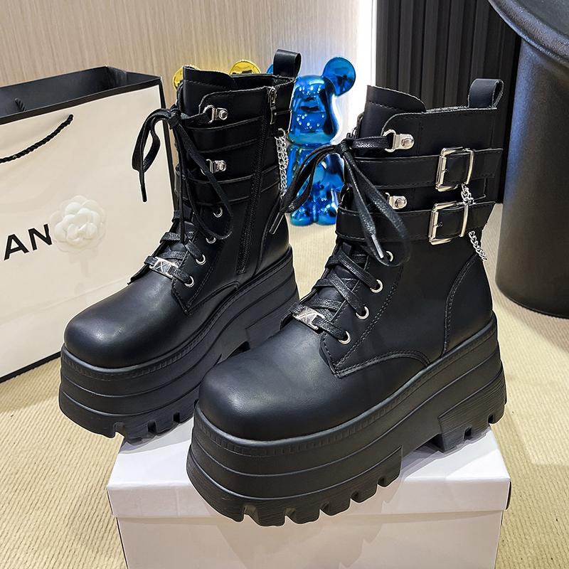 Fashion New 9cm Platform Boots Goth for Women Lace Up Wedge Heel Buckle Ankle Booties Studded Short Motorcycle Boots with Zipper White