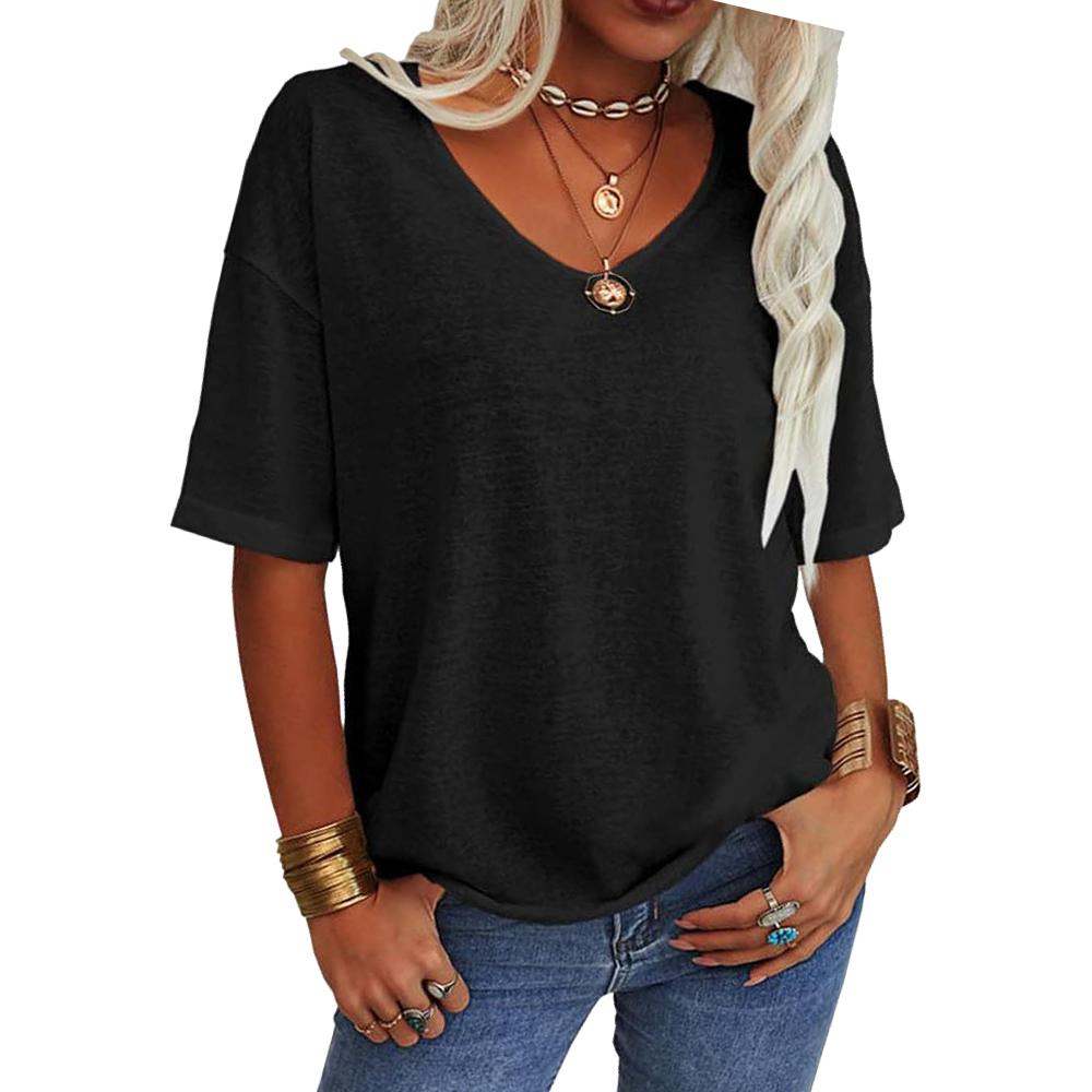 Camiseta feminina gola V casual verão manga curta top solto cor sólida camiseta