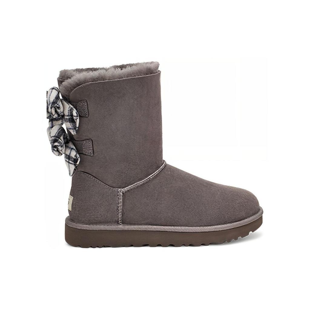 UGG Sheepskin Warm Durable Non-Slip Plaid Ribbon Short Snow Boots Women boots Gray 1118935-CHRC