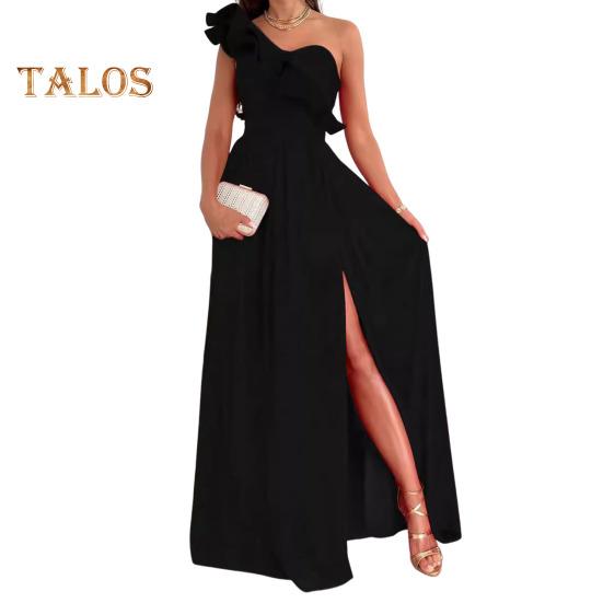 Lady Evening Dress One Shoulder Sleeveless Split Hem Solid Color Ruffle Pleated Solid Color Off Shoulder Prom Cocktail Party Maxi Dress Ball Gown