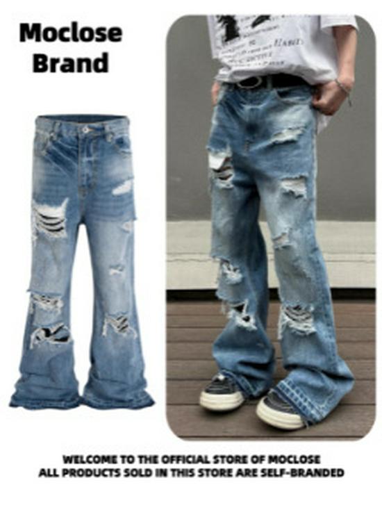 Moclose Retro Washed Cat Whisker Ripped Micro Flare Wide-Leg Jeans Unisex