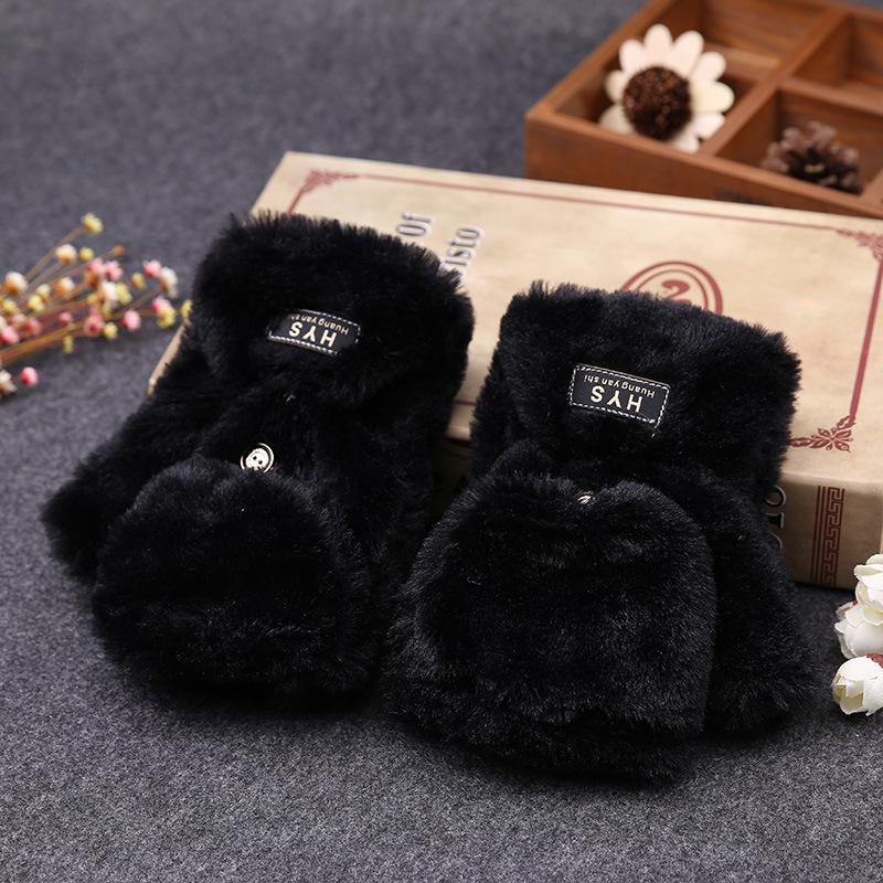 Winter Cute Cat Flip Gloves Plush Thickened Middle School Student Half Finger Fluffy Dew Finger Warm Plush Protection