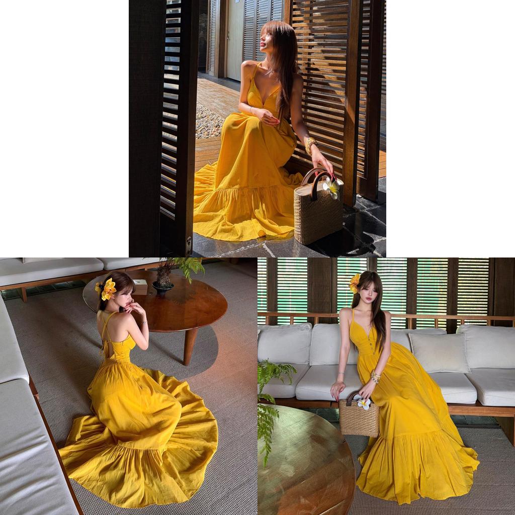 Vacation Dress With V Neck Sleeveless Long Skirt For Beach And Holiday