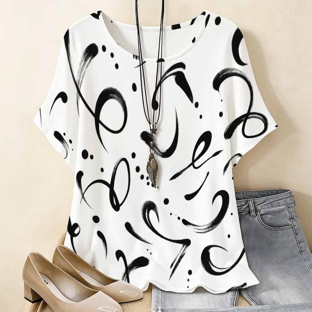 Women Plus Size Round Neck Batwing Short Sleeve Geometric Printed Loose White T Shirt