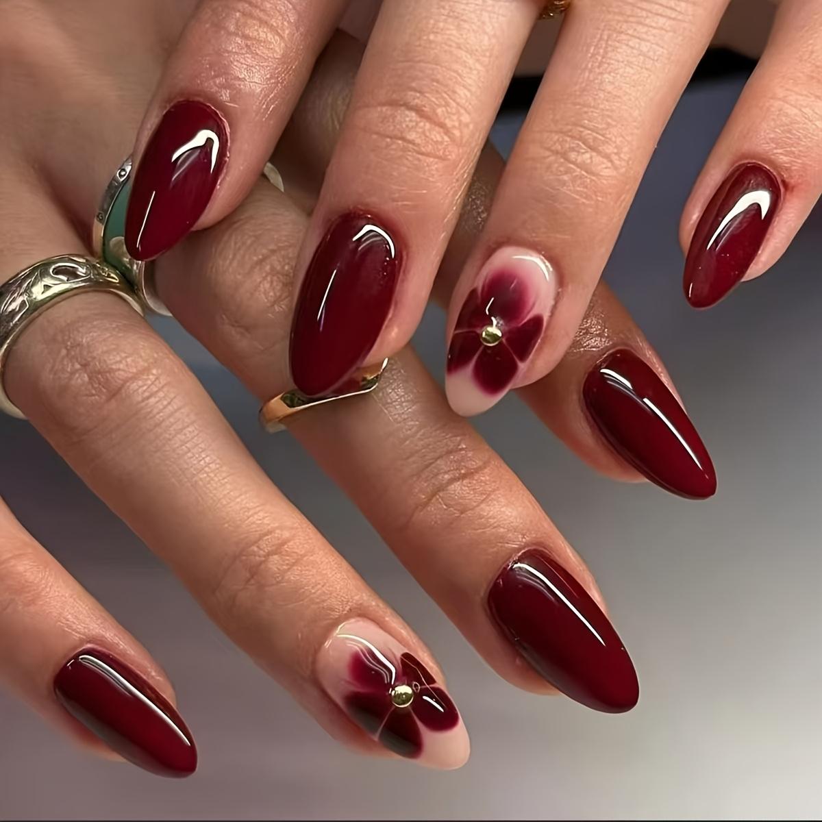 

24PCS Short Almond Press On Nails, Burgundy Gold Bead Floral, Glossy Fake Nails for Daily Party Wear, with Tool Kit Gift красный