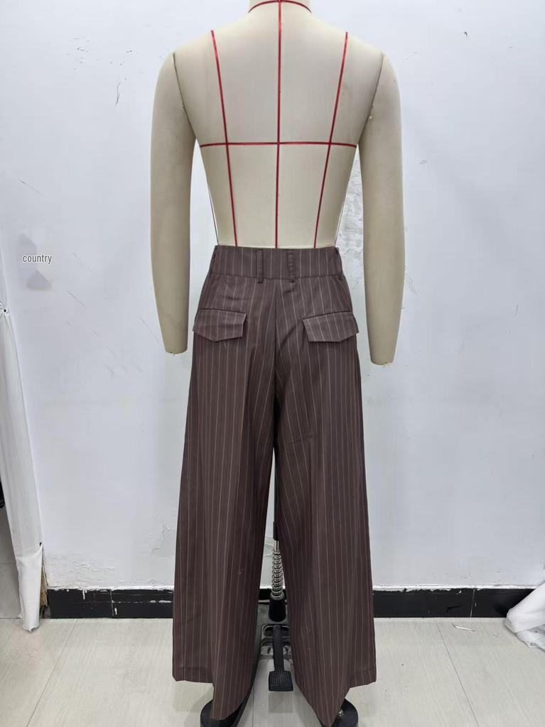 Striped Padded Shoulder Suit Jacket & Pleated Trousers Set