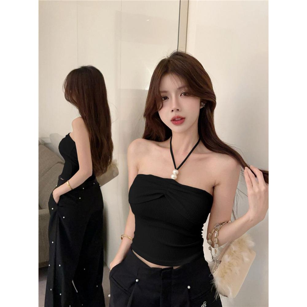 Pearl Neckline Tube Top Women Slim Fit Design Short Shirt